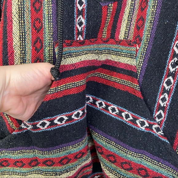Vintage Hand Woven Baja Hoodie Multicolour Tapestry Wood Toggles Boho Hippie S - Picture 12 of 14